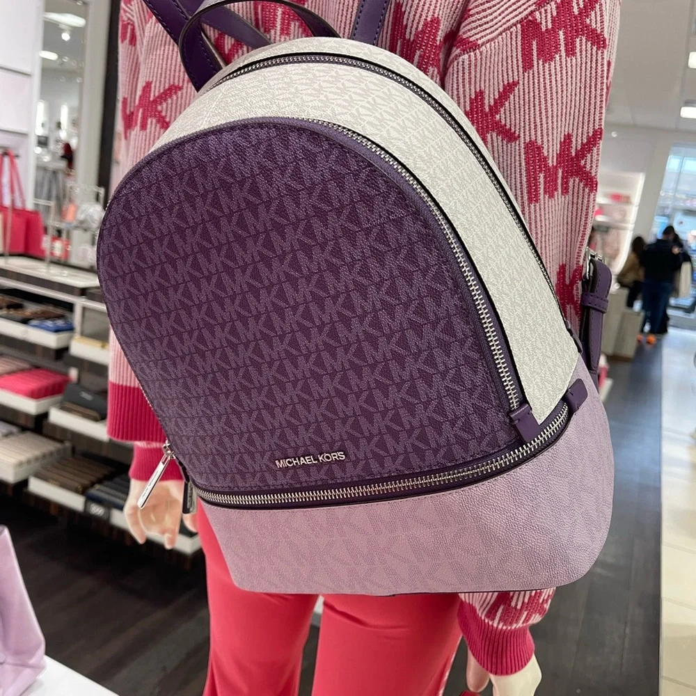 MICHAEL KORS Rhea Md Zip Color-Block Signature Logo Backpack Dark Purple Mlt NWT